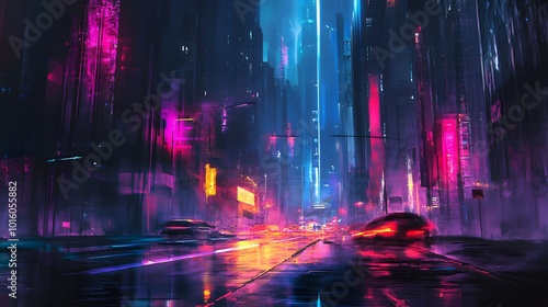 Wallpaper Mural Abstract, futuristic city of concrete and neon. Night city view, illumination. Dark street, abstract scene, neon rays.  Torontodigital.ca