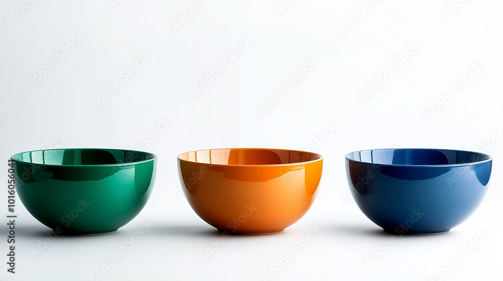 A modern arrangement of three colorful bowls, perfectly positioned against a simple white background. A modern arrangement of three colorful bowls, perfectly positioned against a simple white background.