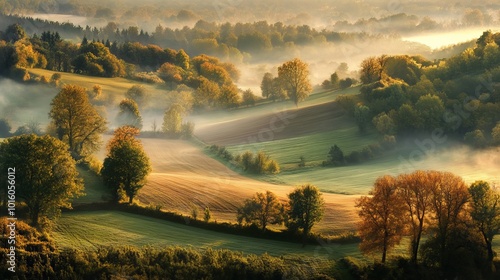 France's Piencourt countryside at dawn, with fields, trees, and fog from the air.