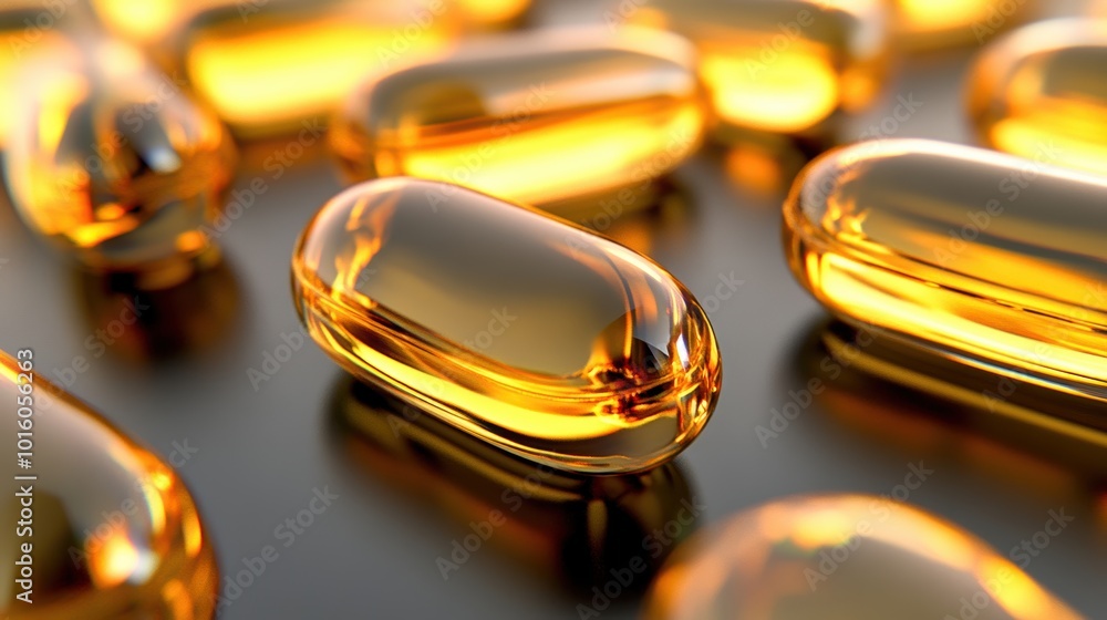Close-up view of golden gel capsules, highlighting their smooth surface and vibrant color against a dark background. Close-up view of golden gel capsules, highlighting their smooth surface and vibrant color against a dark background.