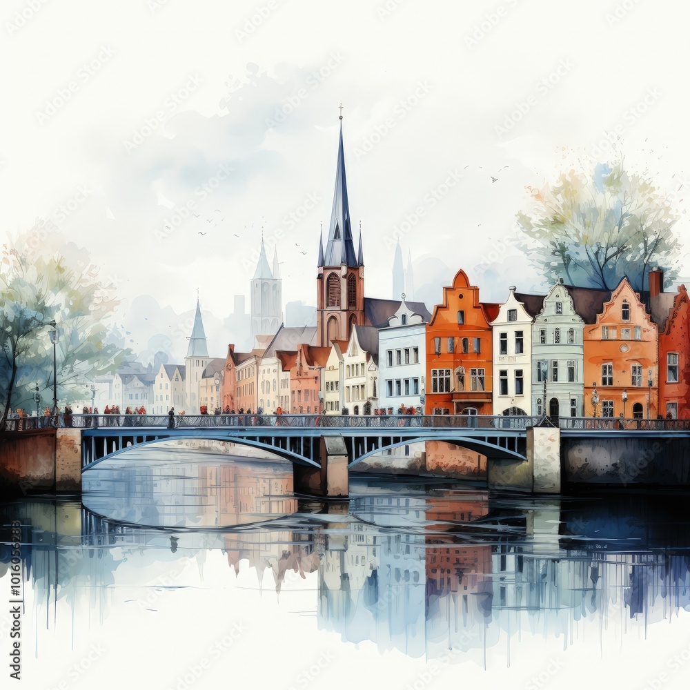 Fototapeta premium Minimalistic Illustration of Brugge’s Historical Landmarks and Iconic Cityscape