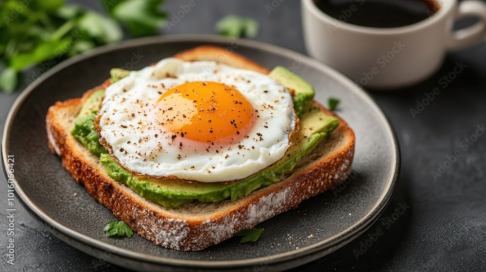 Delicious breakfast with avocado toast topped with a sunny side up egg, served on a plate, alongside a cup of coffee. Delicious breakfast with avocado toast topped with a sunny side up egg, served on a plate, alongside a cup of coffee.