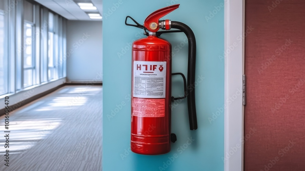 Obraz premium Fire Extinguisher on Blue Wall, Safety and Emergency Preparedness in a Building Corridor.