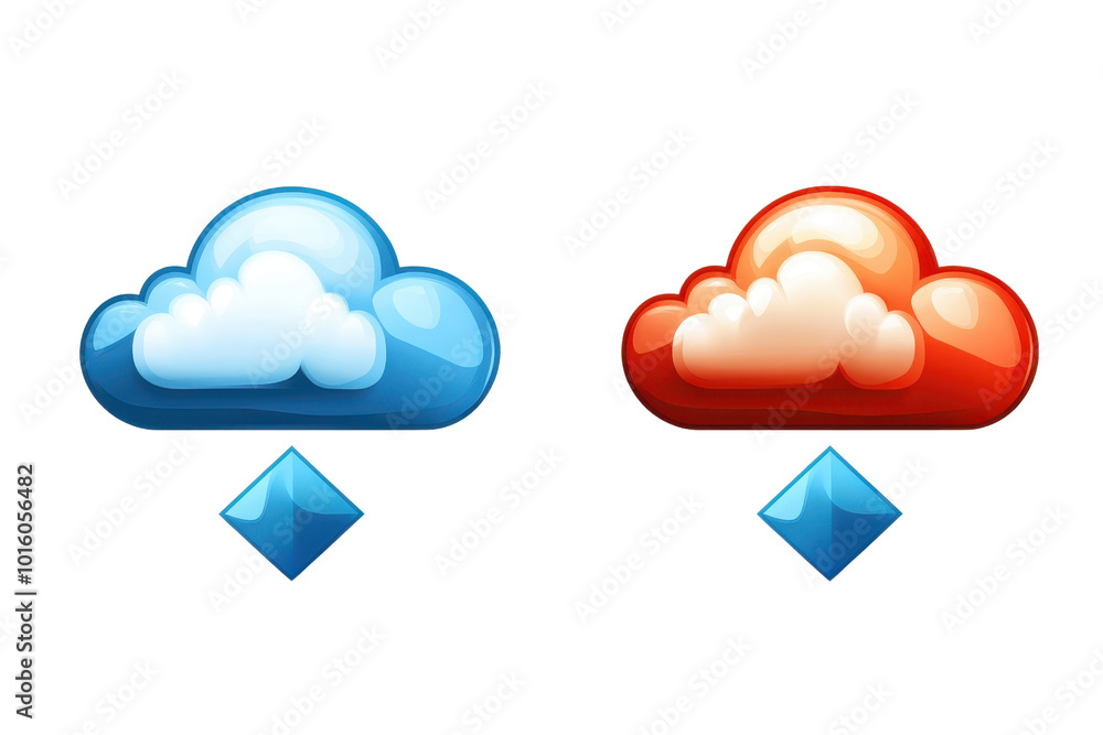 Colorful cloud icons with arrows pointing downwards, symbolizing data storage or download. Includes blue and red cloud illustrations. Colorful cloud icons with arrows pointing downwards, symbolizing data storage or download. Includes blue and red cloud illustrations.