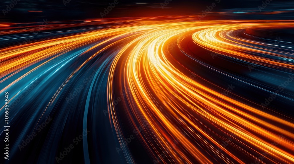 Abstract light trails with vibrant orange and blue tones on a dark background, conveying speed and movement. Abstract light trails with vibrant orange and blue tones on a dark background, conveying speed and movement.
