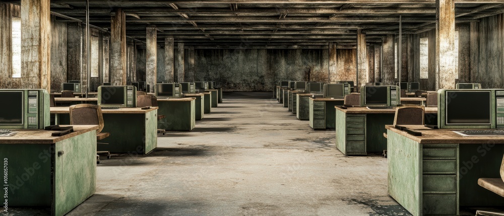 Abandoned office space with empty desks, worn furniture, and peeling paint, creating a sense of decay and neglect. Abandoned office space with empty desks, worn furniture, and peeling paint, creating a sense of decay and neglect.