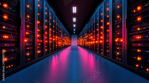 Rows of server racks glowing with light in a modern and highly secure data center.