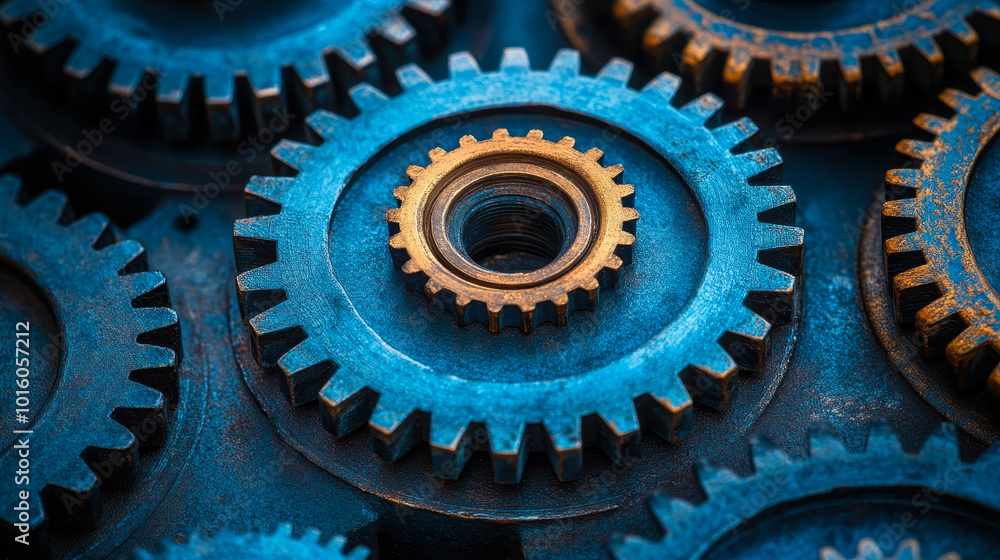 Close-up of Interlocked Blue Metal Gears Highlighting Teamwork, Precision Engineering, and Mechanical Synergy Close-up of Interlocked Blue Metal Gears Highlighting Teamwork, Precision Engineering, and Mechanical Synergy