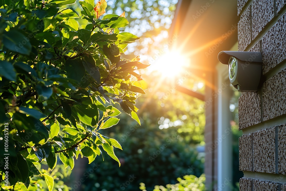 Security Camera Mounted on Brick Wall with Green Foliage and Sunlight Photo Security Camera Mounted on Brick Wall with Green Foliage and Sunlight Photo