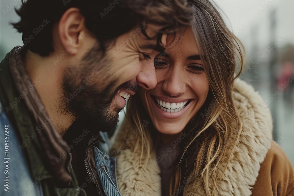 Close up of a happy young couple laughing and looking at each other Close up of a happy young couple laughing and looking at each other
