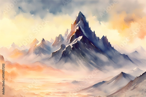 Watercolor painting of the Himalaya with fog at dawn
