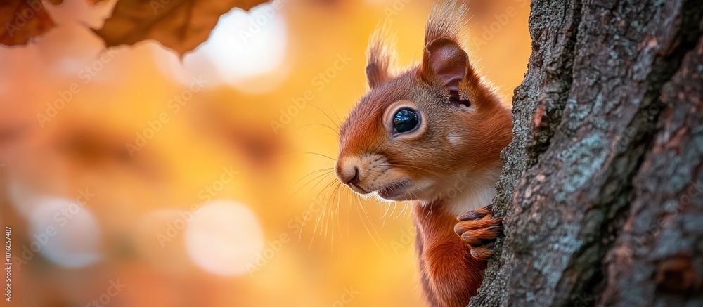 Fototapeta premium A red squirrel with a curious expression peeks from behind a tree trunk, its fur blending with the warm autumn hues of the forest.