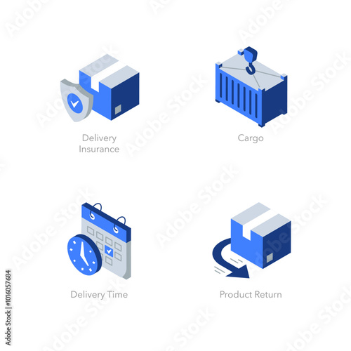 Simple set of isometric flat icons for logistics 3. Contains such symbols as Delivery Insurance, Cargo, Delivery Time and Product Return.