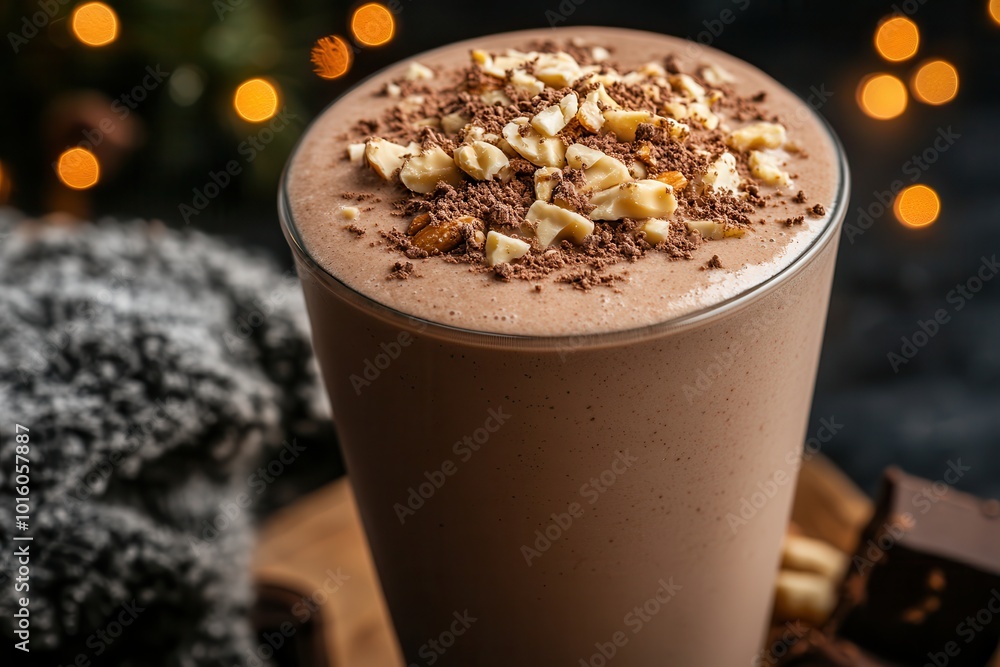 Delicious chocolate smoothie topped with crushed nuts in a cozy setting with bokeh lights in the background. Delicious chocolate smoothie topped with crushed nuts in a cozy setting with bokeh lights in the background.