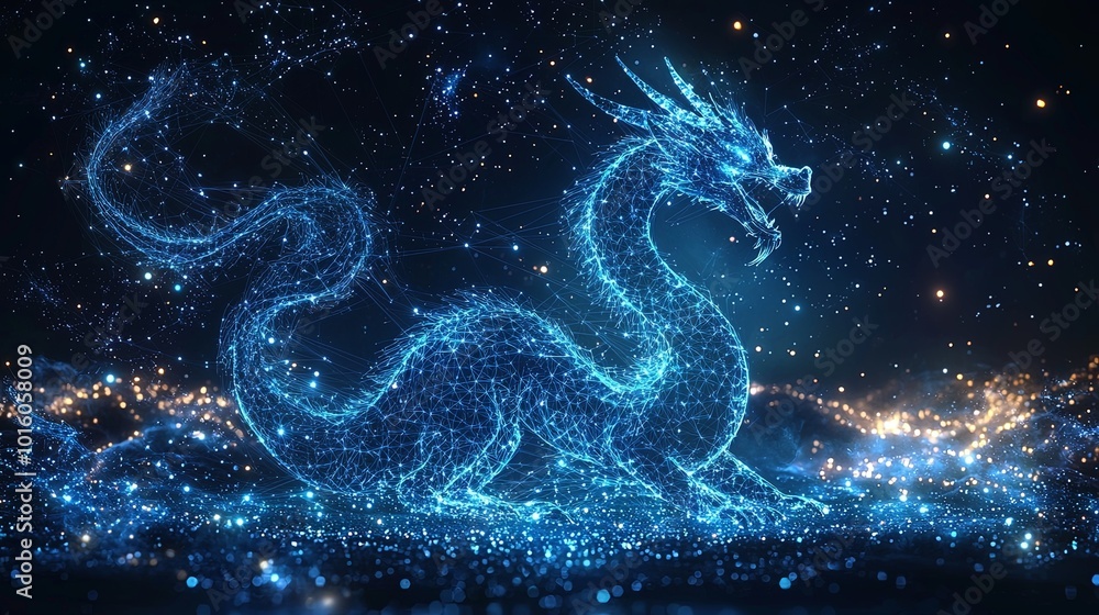 An illuminated 3D dragon glows brilliantly in a vibrant galaxy scene, blending intricate design with cosmic beauty and artistic elegance amidst the universe's wonders. An illuminated 3D dragon glows brilliantly in a vibrant galaxy scene, blending intricate design with cosmic beauty and artistic elegance amidst the universe's wonders.