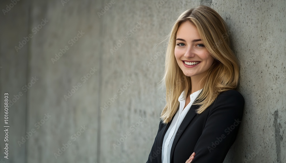 Portrait of a Smiling Woman in a Black Blazer Leaning Against a Concrete Wall Portrait of a Smiling Woman in a Black Blazer Leaning Against a Concrete Wall