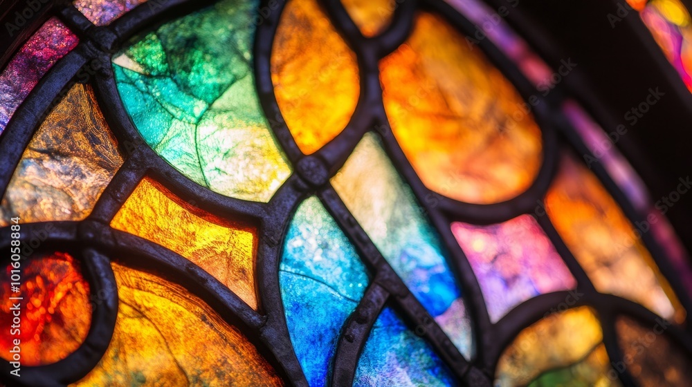 Architectural detail of a church window, featuring colorful stained glass, depicting spirituality and tranquility Architectural detail of a church window, featuring colorful stained glass, depicting spirituality and tranquility
