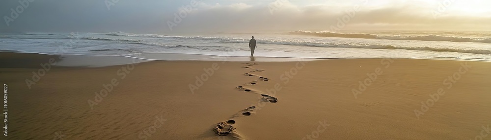 A solitary figure walking along a pristine beach, leaving footprints in the golden sand as waves gently lap at the shore. A solitary figure walking along a pristine beach, leaving footprints in the golden sand as waves gently lap at the shore.