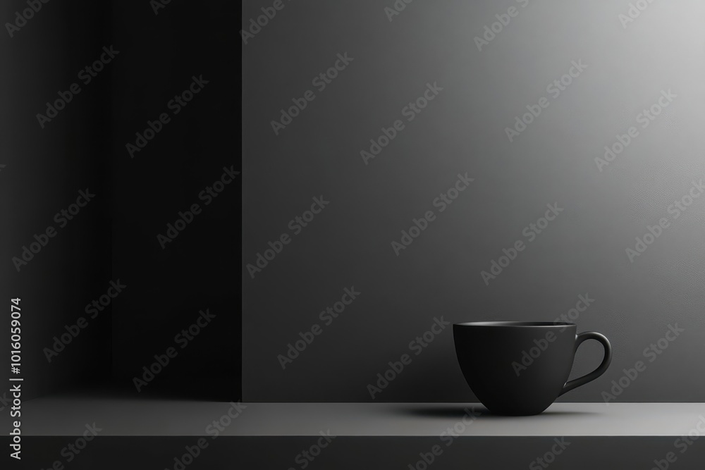 A black coffee cup sits beside deep shadows in a simple, black-and-white room. Plenty of room for text. A black coffee cup sits beside deep shadows in a simple, black-and-white room. Plenty of room for text.