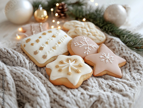 Christmas Cookies on a Knitted Blanket: A cozy flatlay of pastel-decorated Christmas cookies placed on a plush knitted blanket, with a few scattered ornaments, pine branches, and fairy lights for a so