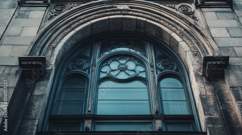 Architectural view of a historic building's arched window, intricate details highlighting its spiritual significance