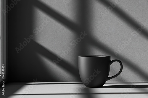 A black coffee cup placed next to dark shadows in a minimalistic, monochrome space. Copy space for text. photo