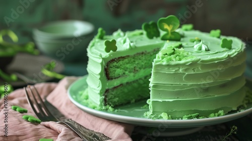 Green cake decorated with decorative elements in the form of shamrocks. One piece of the cake has already been cut out, revealing the soft, fluffy layers inside. photo