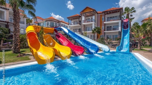 Four bright water slides plunging into a sparkling blue pool, a joyful and exciting summer activity for kids and adults