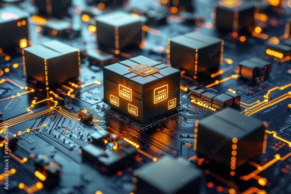 A computer chip is lit up with orange lights A computer chip is lit up with orange lights