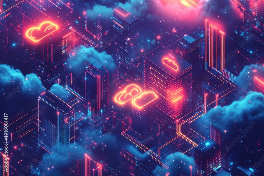 Fototapeta premium A cityscape with neon lights and clouds in the background