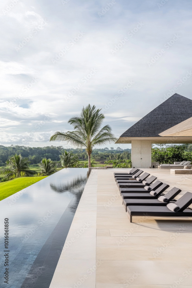 Luxurious outdoor pool features sleek loungers and a stunning tropical landscape Luxurious outdoor pool features sleek loungers and a stunning tropical landscape