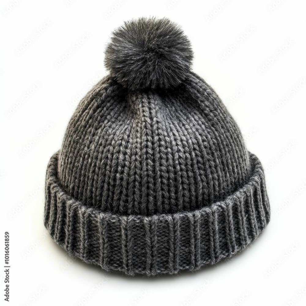 Fototapeta premium gray warm winter hat with pompom on white background