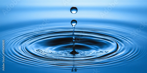 A single water drop falls into still water, creating concentric ripples and a splash.