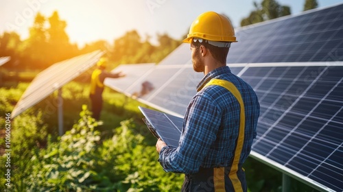 Technicians check solar panel efficiency while enjoying the beautiful sunset in a vibrant field