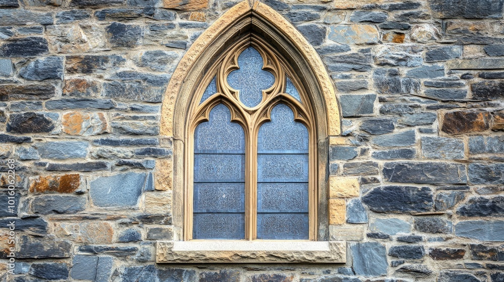 Ornate arched window of a historic church, capturing the essence of spiritual architecture and tranquility Ornate arched window of a historic church, capturing the essence of spiritual architecture and tranquility