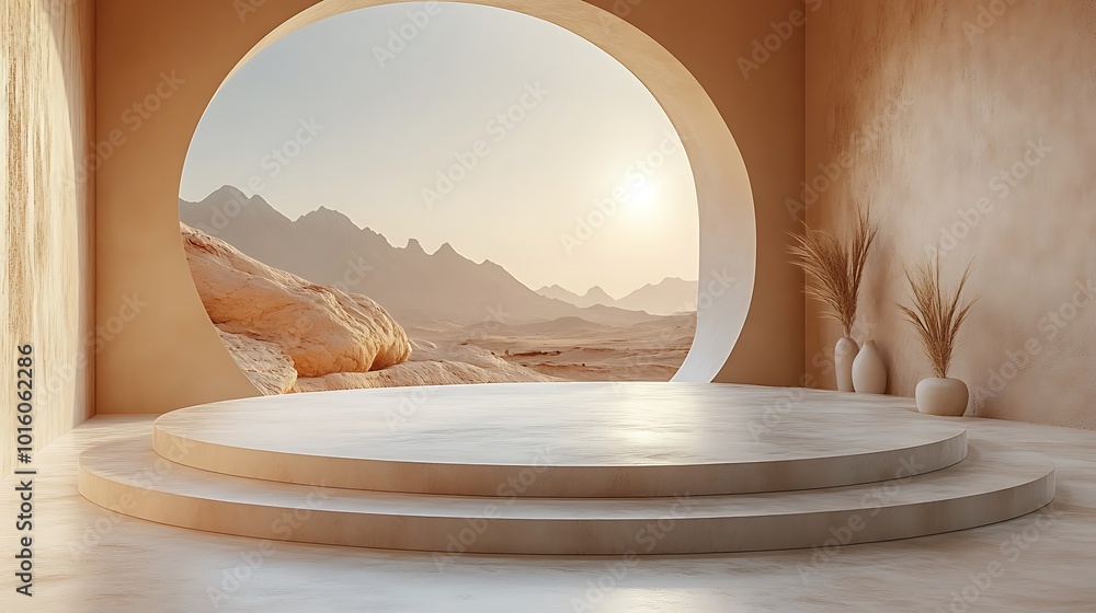 Minimalist podium with desert landscape view through a round window. Minimalist podium with desert landscape view through a round window.