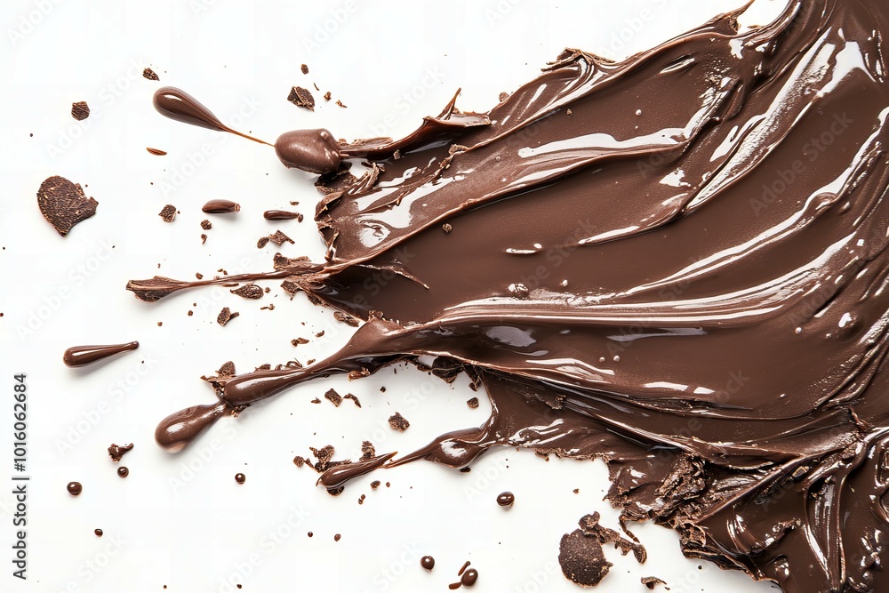 Fototapeta premium Liquid Melted Chocolate Splash and Splatter Isolated on Solid White Background for Delicious Dessert Creation and Cooking Ideas new beautiful stock image illustration AI
