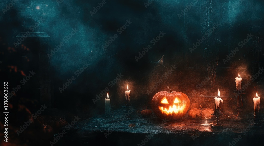 Naklejka premium Halloween background with burning candles and a carved pumpkin on a table, spooky witch background