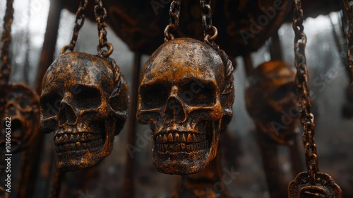 A haunting display of rusty skulls suspended on chains, evoking themes of death and decay in a misty, eerie environment. photo