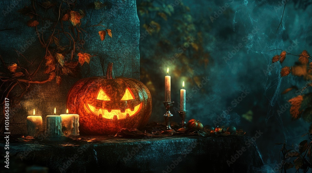 Naklejka premium Halloween background with burning candles and a carved pumpkin on a table, spooky witch background