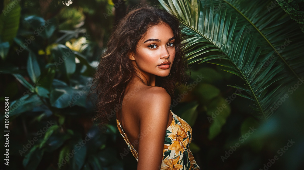 A woman is posing in a jungle setting, with her back to the camera A woman is posing in a jungle setting, with her back to the camera
