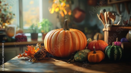 Beautiful autumn kitchen scene with colorful pumpkins and fall leaves on the table