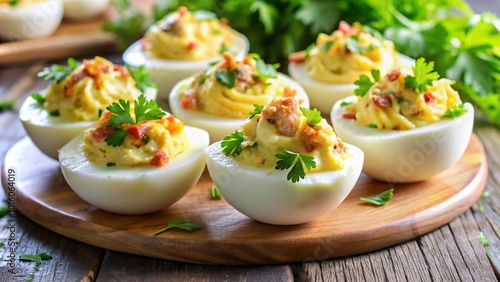 Classic Deviled Eggs on Wooden Platter