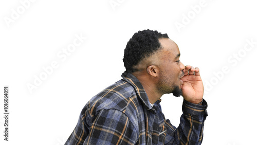 A man, close-up, on a white background, tells a secret