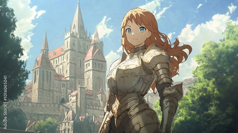 Female Anime Character in Armor Standing Before a Castle. Female Anime Character in Armor Standing Before a Castle.