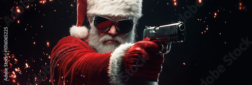 A badass Santa Claus with sunglasses, holding guns, against a black background photo