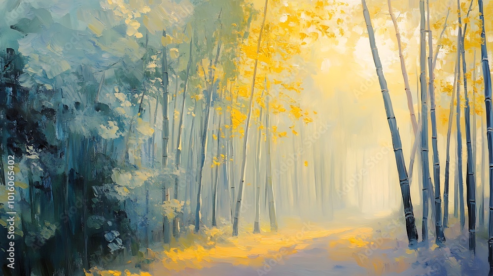 Oil Painting of a Mystical Bamboo Forest with Golden Light. Oil Painting of a Mystical Bamboo Forest with Golden Light.