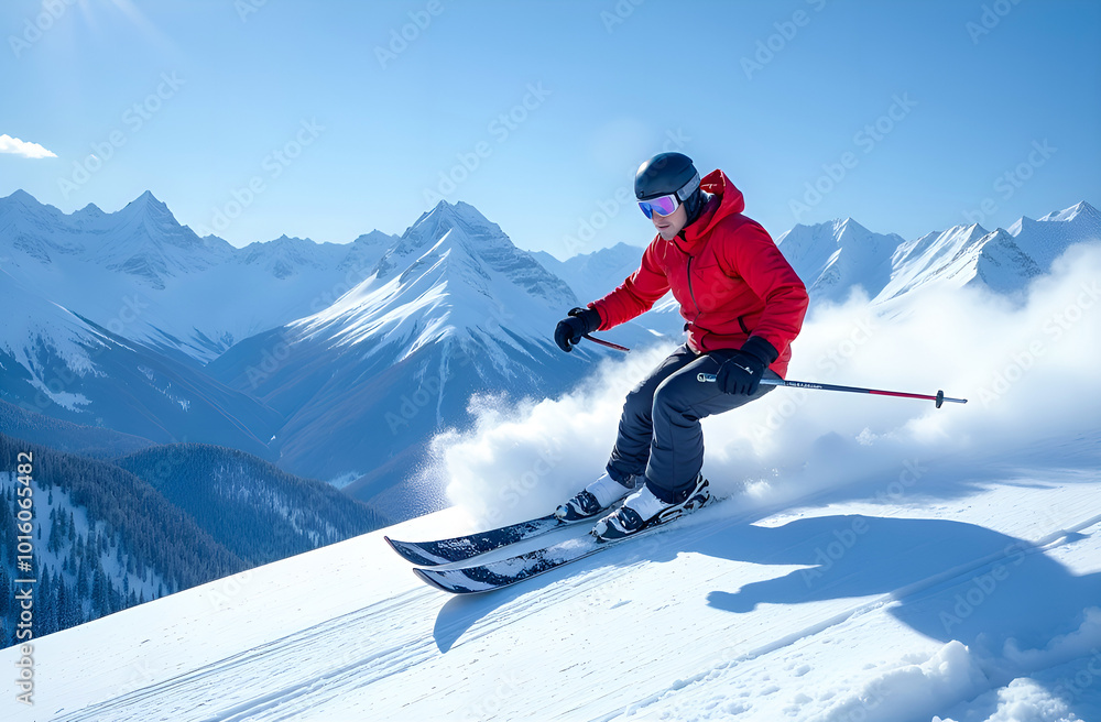 a man quickly descends from the mountain on downhill skis, snow flies out from under the skis a man quickly descends from the mountain on downhill skis, snow flies out from under the skis