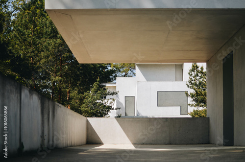 Minimalist White Building in Bauhaus Style with geometrical shapes photo