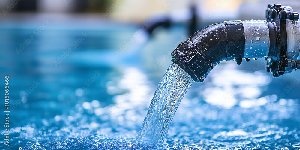 A close-up of a water pipe filling a swimming pool, highlighting pool maintenance A close-up of a water pipe filling a swimming pool, highlighting pool maintenance